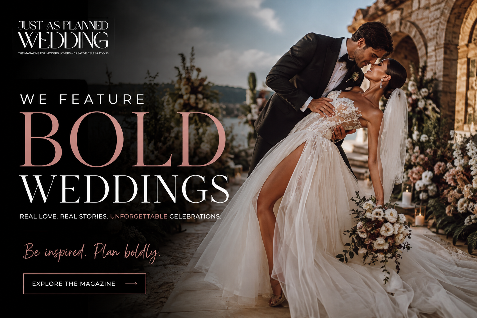 Just As Planned Wedding Magazine — We Feature Bold Weddings. A bride and groom embrace at a coastal Mediterranean-style wedding venue.